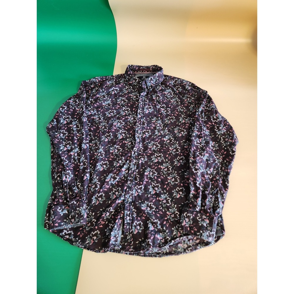 MBX Button Down Shirt Mens Large Purple Floral Long Sleeve Cotton Premium Goods